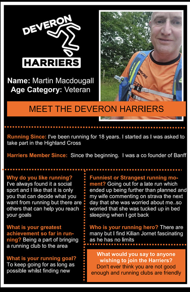 Photos of information sheets of why different members go running with Deveron Harriers
