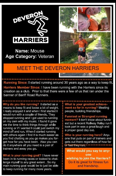 Photos of information sheets of why different members go running with Deveron Harriers